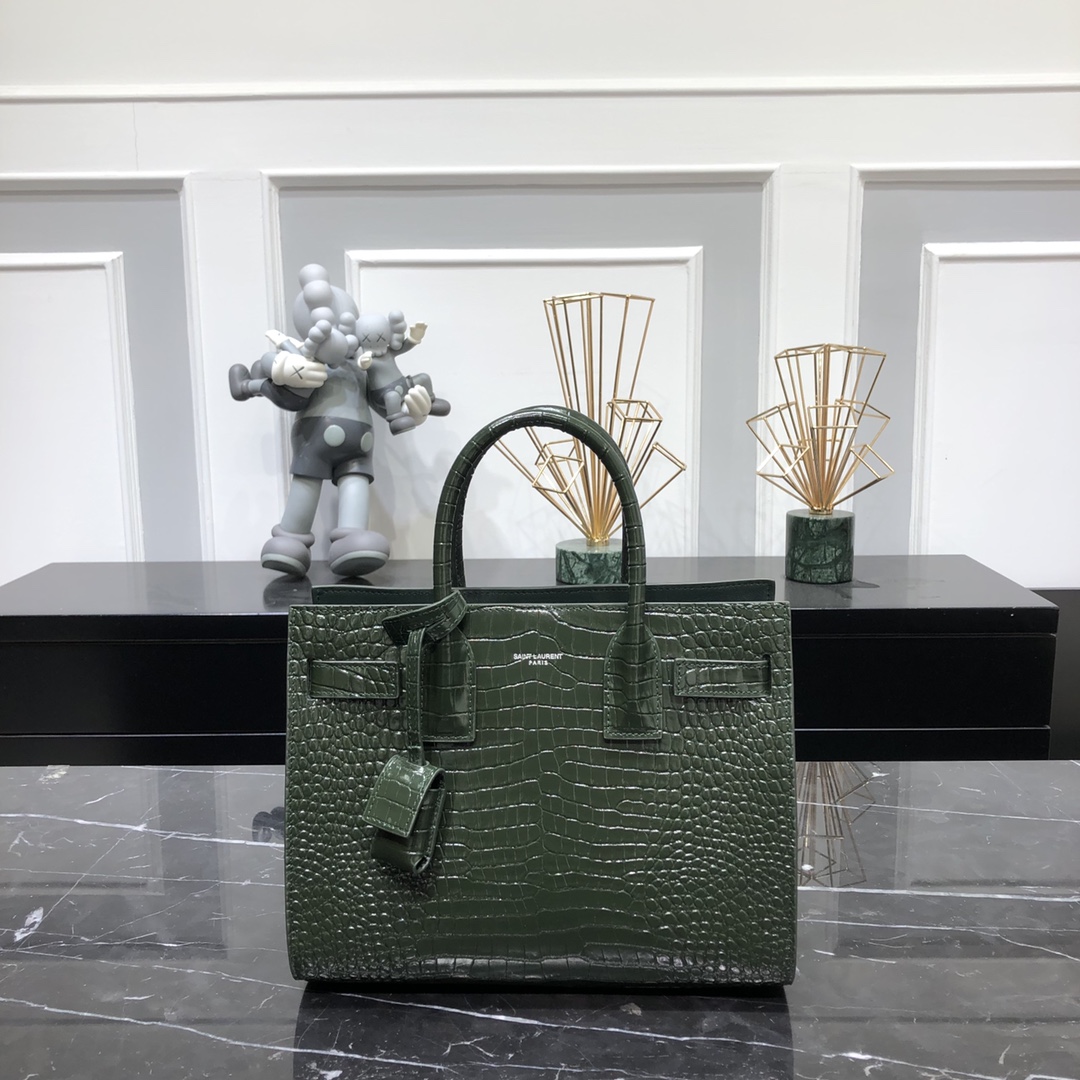 Saint Laurent Sac De Jour Baby Crocodile Embossed Calfskin Handbag Shoulder Bag Army Green 421863 Silver